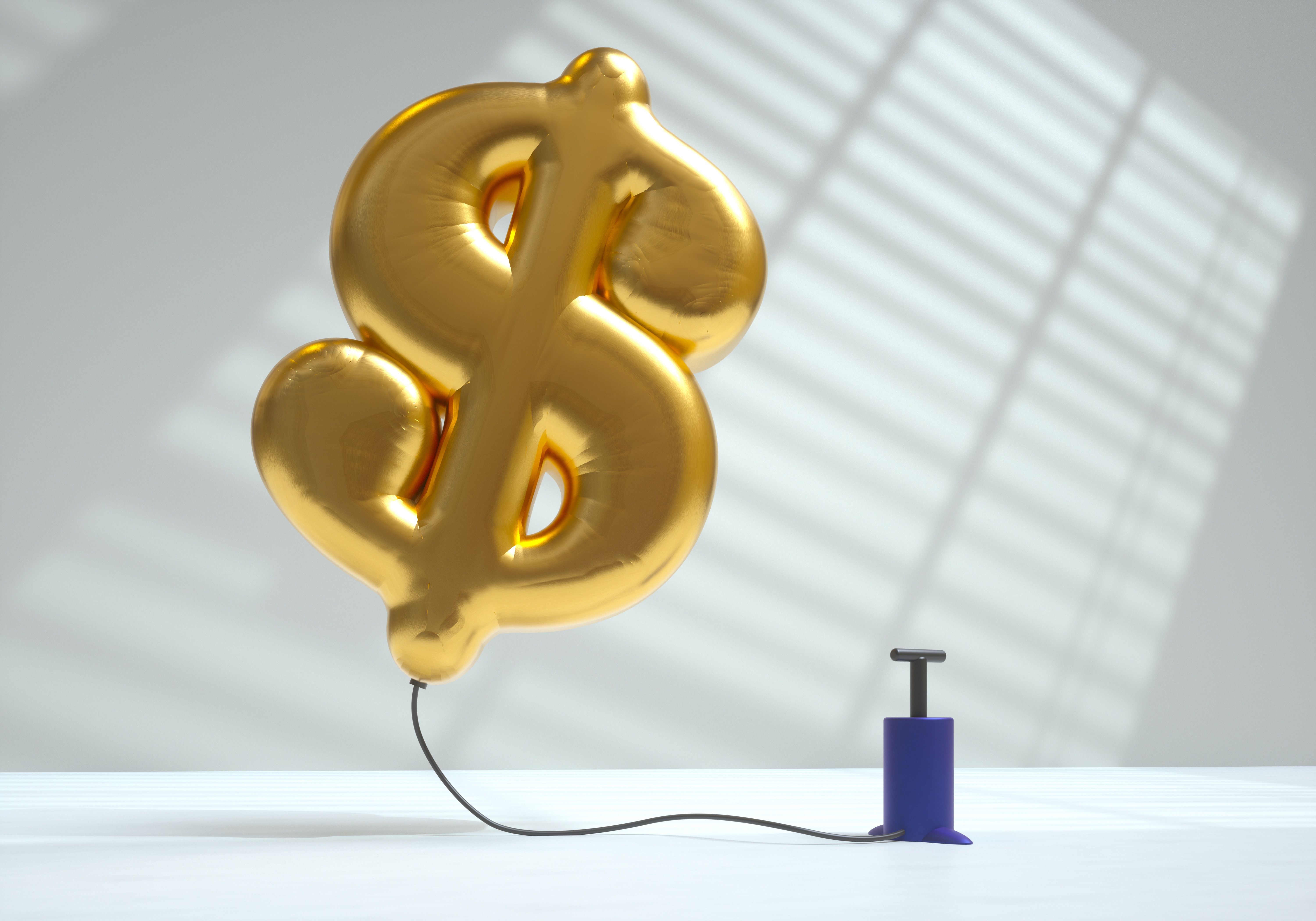 Digital created image of a gold air balloon in the shape of a dollar sign inflated using a pump and flying against a white background.