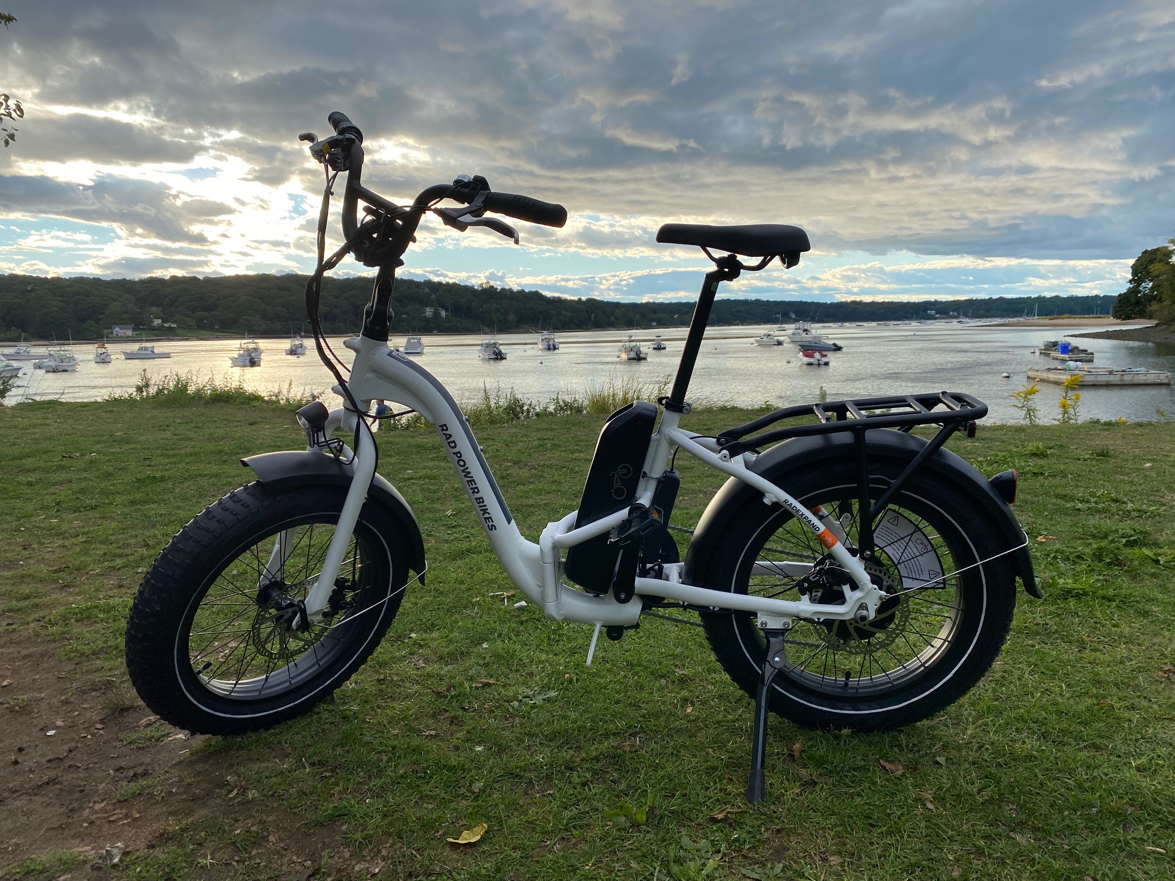 RadExpand 5 Rad Power Bikes against a harbor backdrop
