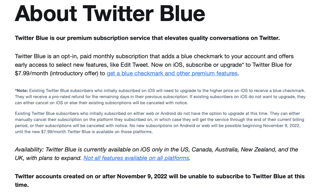 Twitter Blue terms on Nov 10 noting accounts created after Nov 9 can't sign up for Twitter Blue