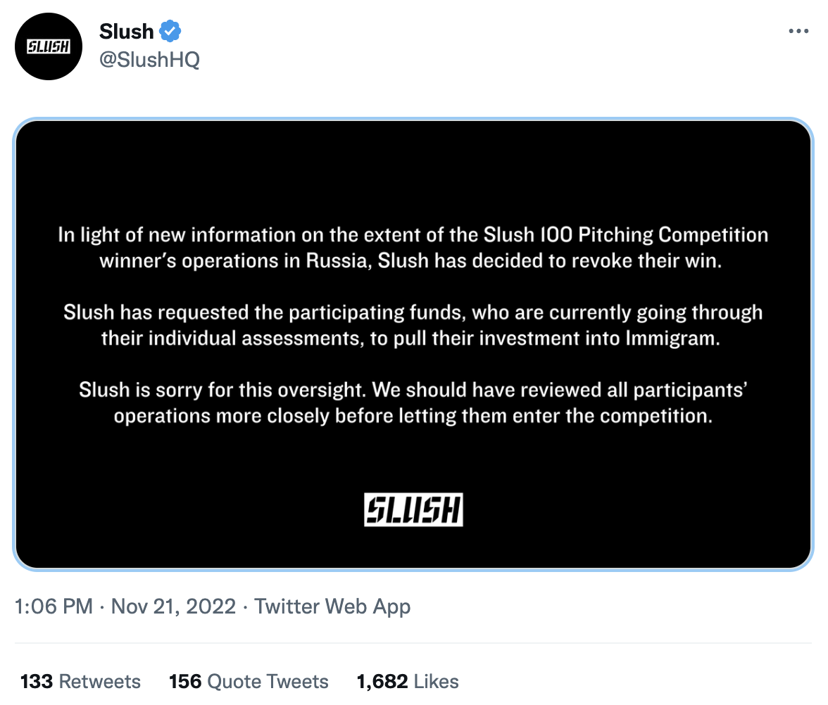 Slush and VC pitch judges revoke decision to hand $1M to Russian founders after industry outcry