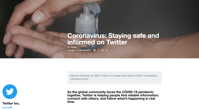 Twitter says it’s no longer enforcing COVID-19 misleading information policy