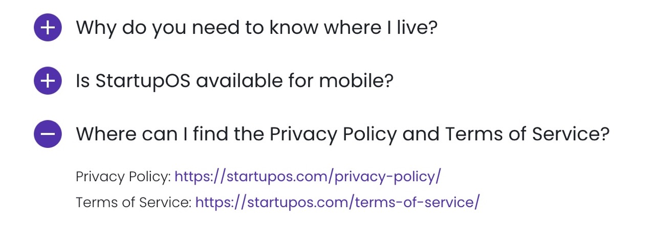 StartupOS's terms and conditions were buried in the bottom of the site's FAQ. 