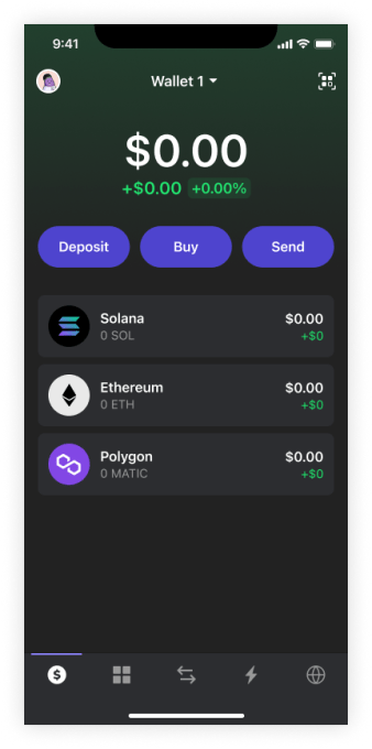 An image of the Phantom crypto wallet application with Solana, Ethereum and Polygon