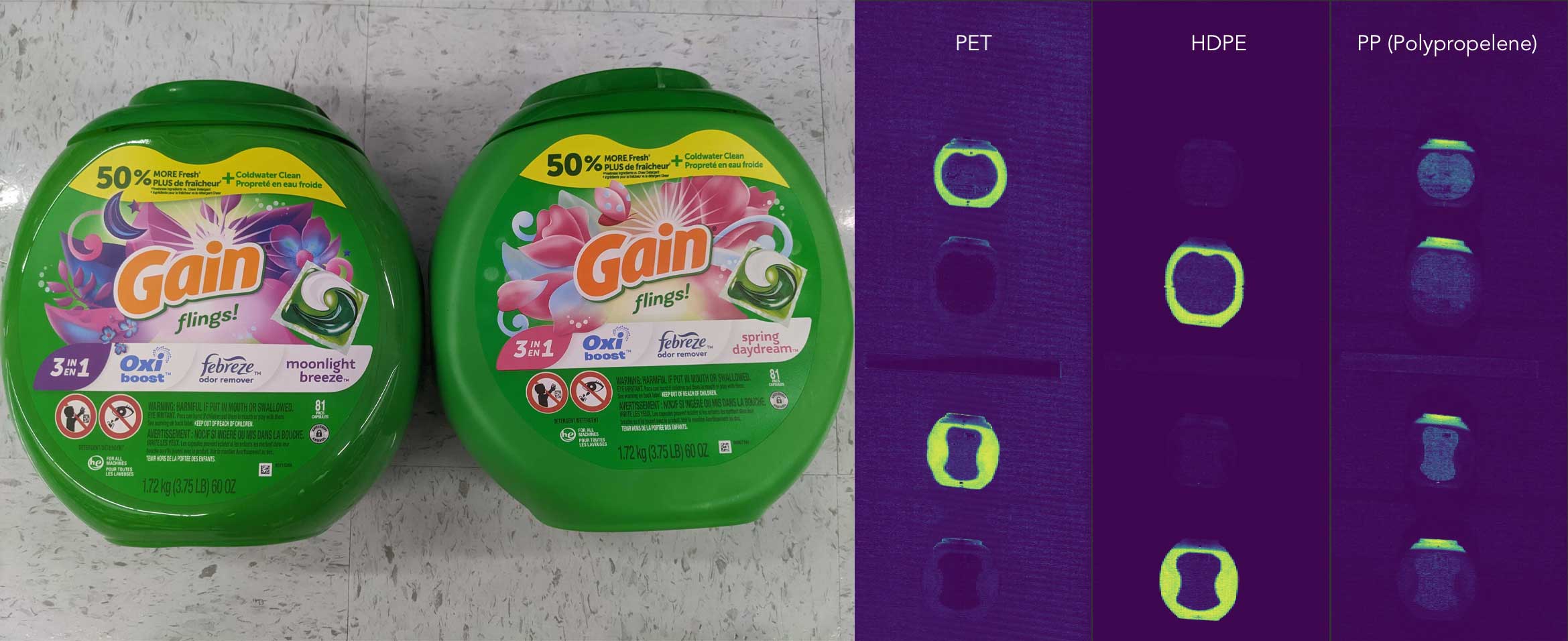 Hyperspectral image reveals differences in two detergent bottles