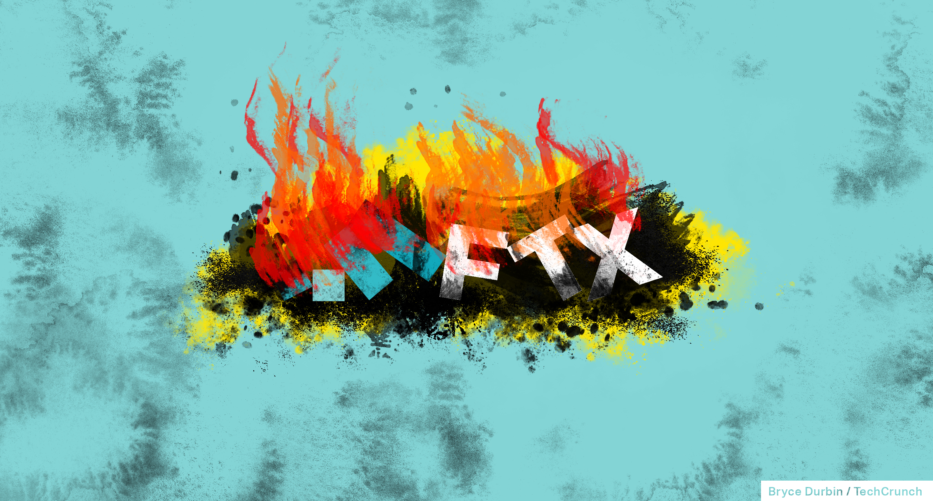 FTX logo broken and on fire