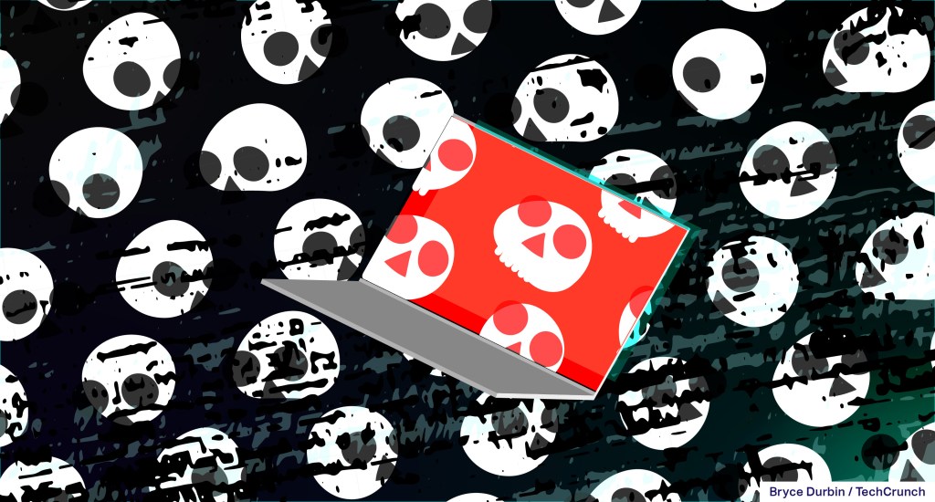 A red laptop on a black and white background with illustrated cartoon skulls.