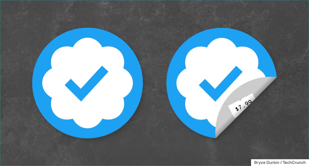 two stickers of Twitter's verified badge, one with a corner flipped up, revealing a $7.99 pricetag