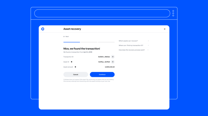An image of a screenshot of Coinbase's crypto asset recovery tool