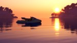 riderless personal watercraft sitting on a serene body of water at sunset. or maybe sunrise.