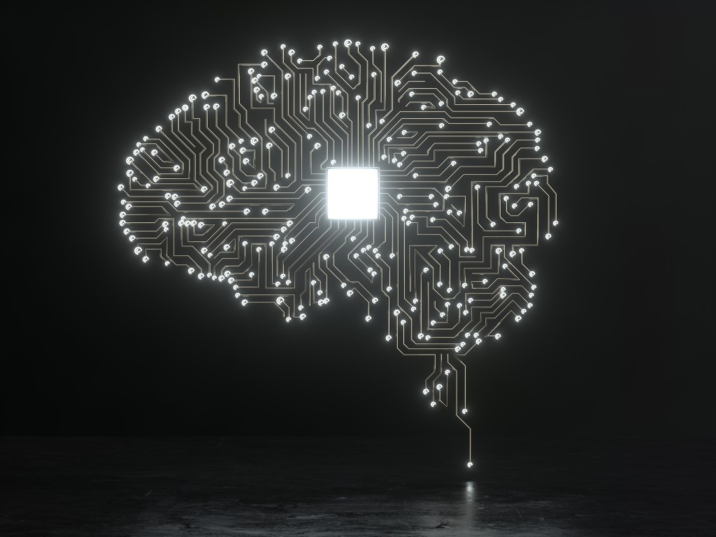 Imagen digital del cerebro humano de inteligencia artificial sobre fondo negro.