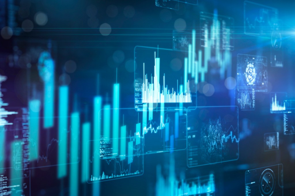 Rising technology stock market graph on futuristic data monitor.