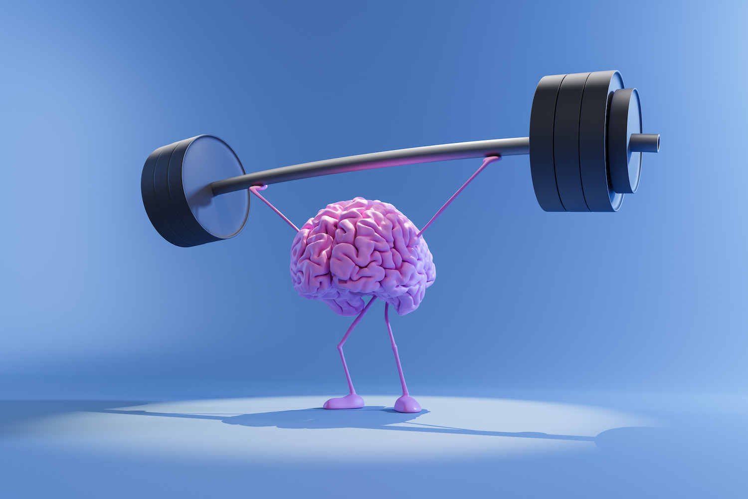 Ilustración 3D del cerebro humano de color rosa levantando pesas pesadas.  Entrenamiento de la mente y el concepto de salud mental.  Entrena tu cerebro.