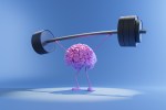 3D illustration of pink color human brain lifting heavy barbell. Training mind and mental health concept. Train your brain.