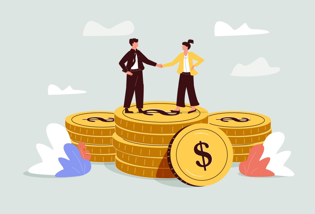 acquisition, startups, valuation. illustration shows two people standing on a stack of coins.
