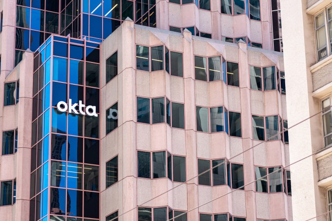 Okta logo on the front of its office in San Francisco