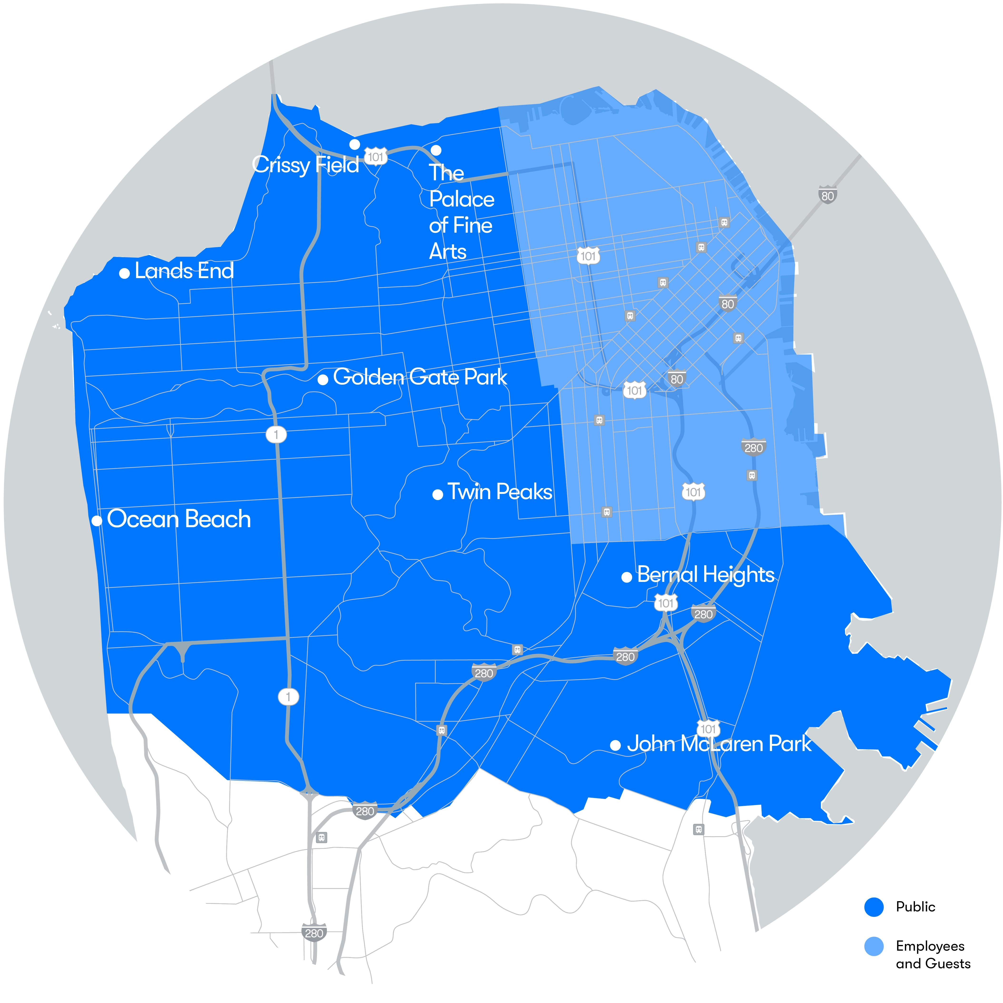 map of San Francisco with dark blue section showing where waymo offers robotaxi rides to members of public and light blue only to employees