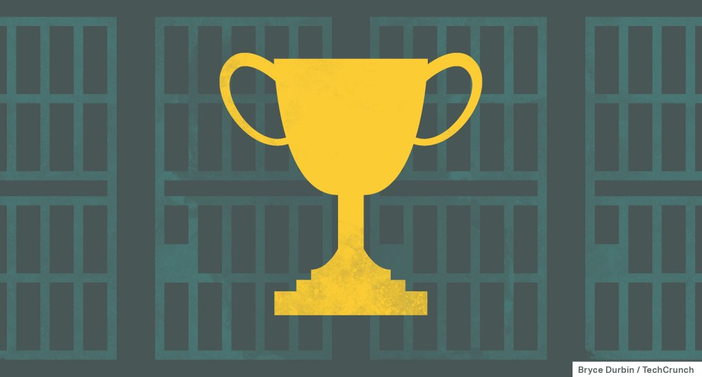 A golden award trophy on a background of dark green jail bars.