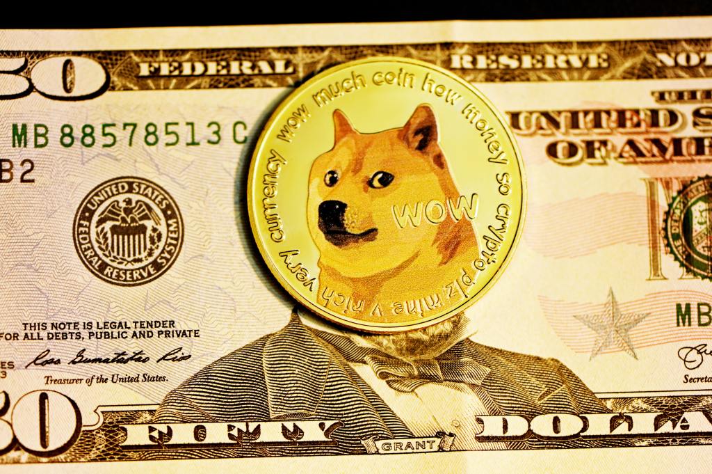 fifty dollar bill with a doge coin covering Grant's face