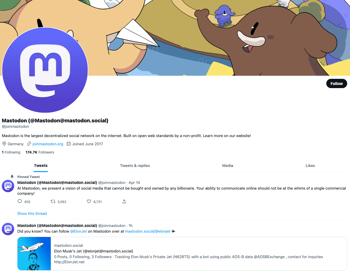 Captura de pantalla de la cuenta de Twitter de Mastodon