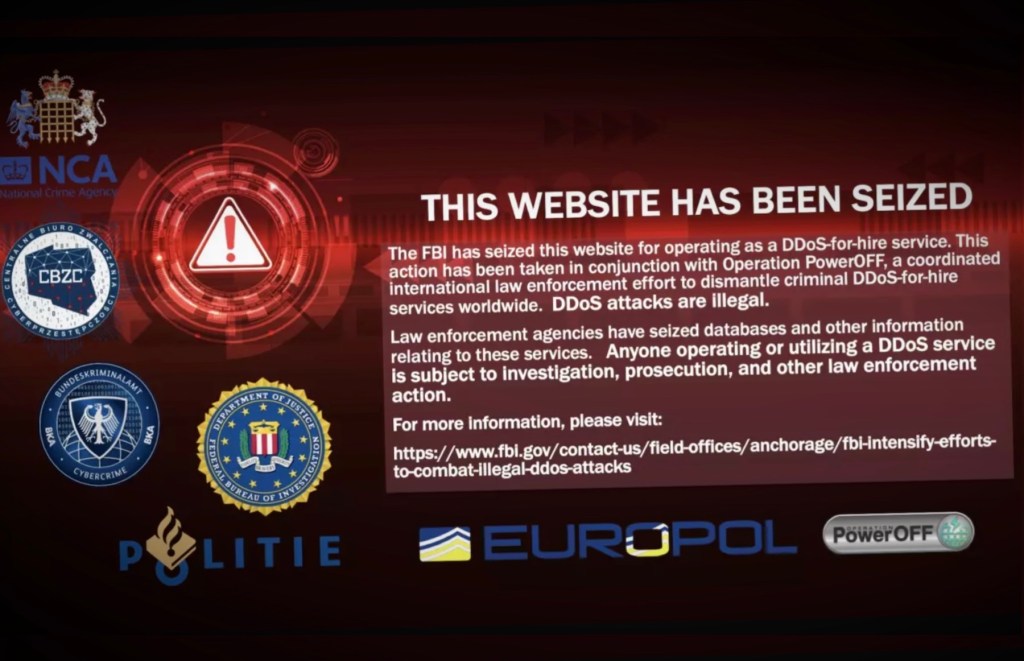 A seizure notice on a website associated with an illegal DDoS-for-hire site.