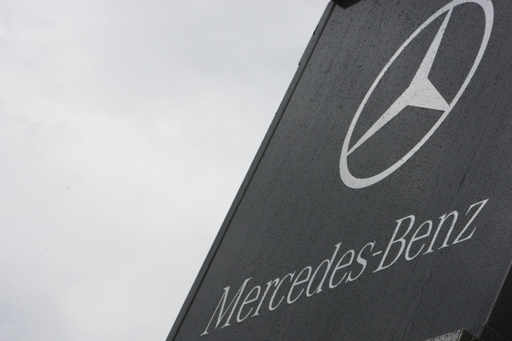 Mercedes Benz logo is seen on their motorhome during previews to the German Grand Prix at Hockenheimring on July 22, 2010 in Hockenheim, Germany.