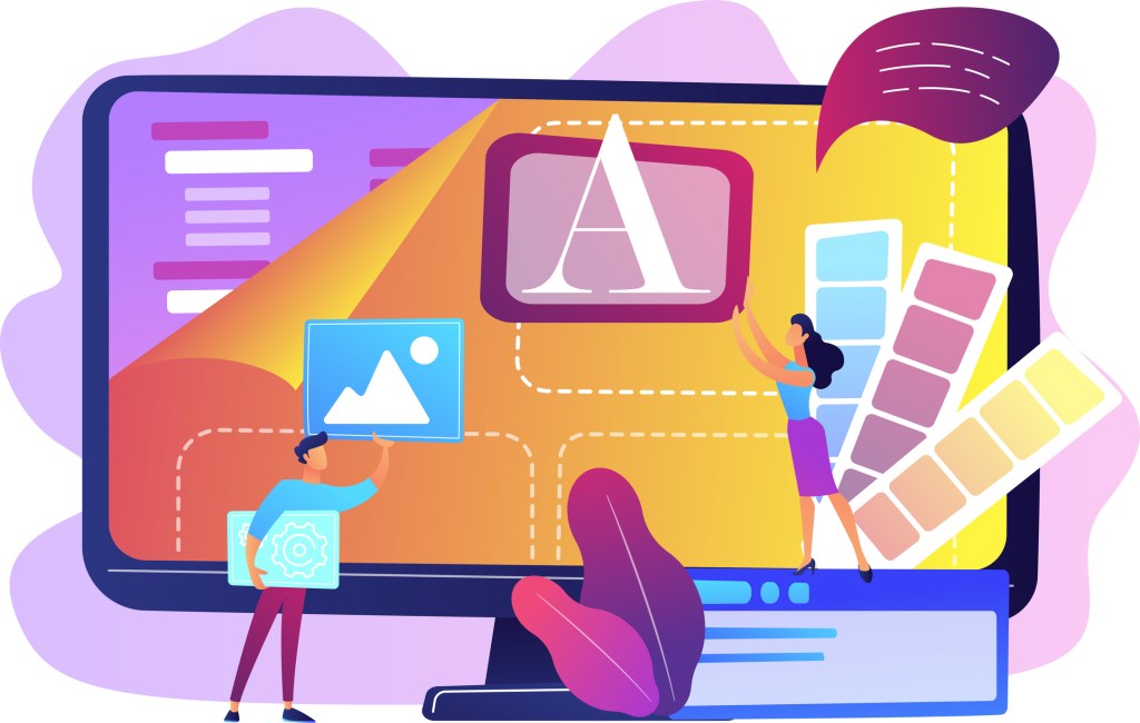Employees at computer using low code platform on computer, tiny people. Low code development, low code platform, LCDP easy coding concept. Bright vibrant violet vector isolated illustration