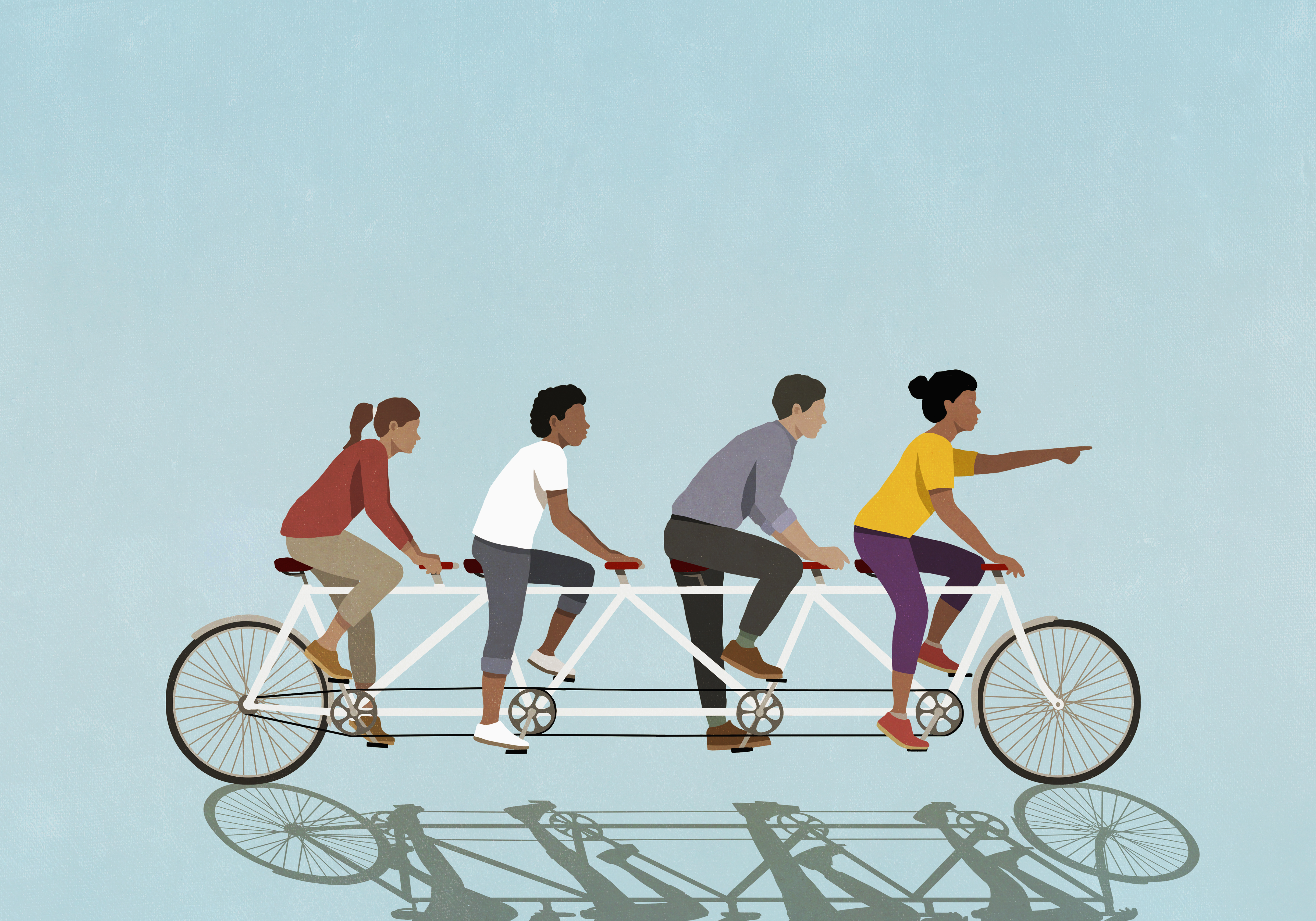 Ilustración de amigos montando una bicicleta tándem sobre un fondo azul.