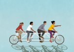 Illustration of friends riding a tandem bicycle on blue background.