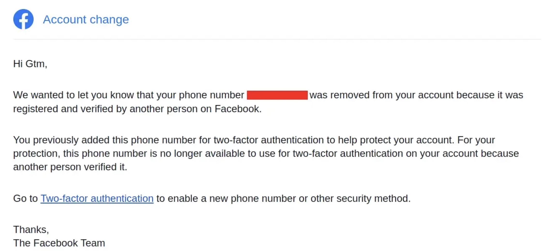 Screenshot di un'e-mail inviata da Meta a un utente che dice: "Volevamo informarti che il tuo numero di telefono è stato registrato e verificato da qualcun altro su Facebook."