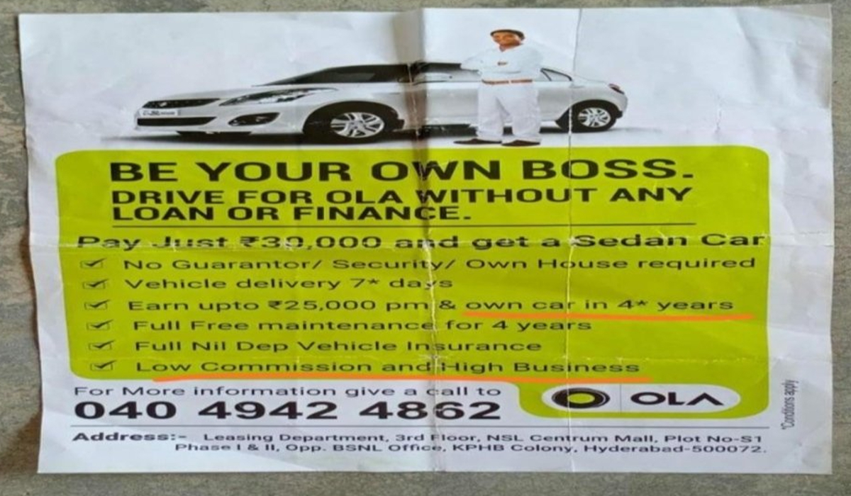 Ola lease vehicles were promised to give better earnings, image of Ola flyer