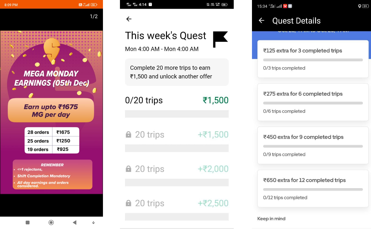 Gig work platforms gamification. Swiggy, Ola and Uber app screenshots (from left to right).
