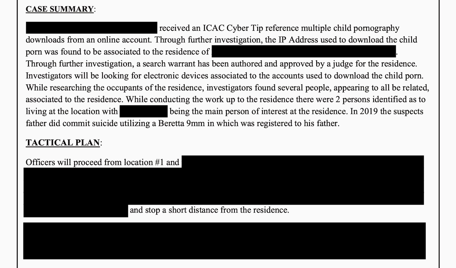 a screenshot of a tactical report, with redactions from TechCrunch to remove personal and sensitive information exposed by the breach. 