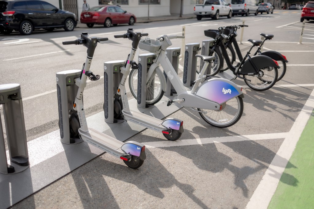 Lyft docking station with scooters and bikes