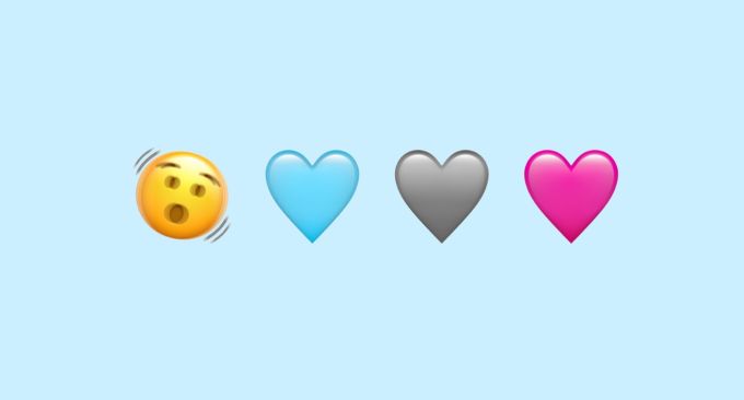 iOS 16.4 new emojis, shaking head, blue heart, gray heart and pink heart