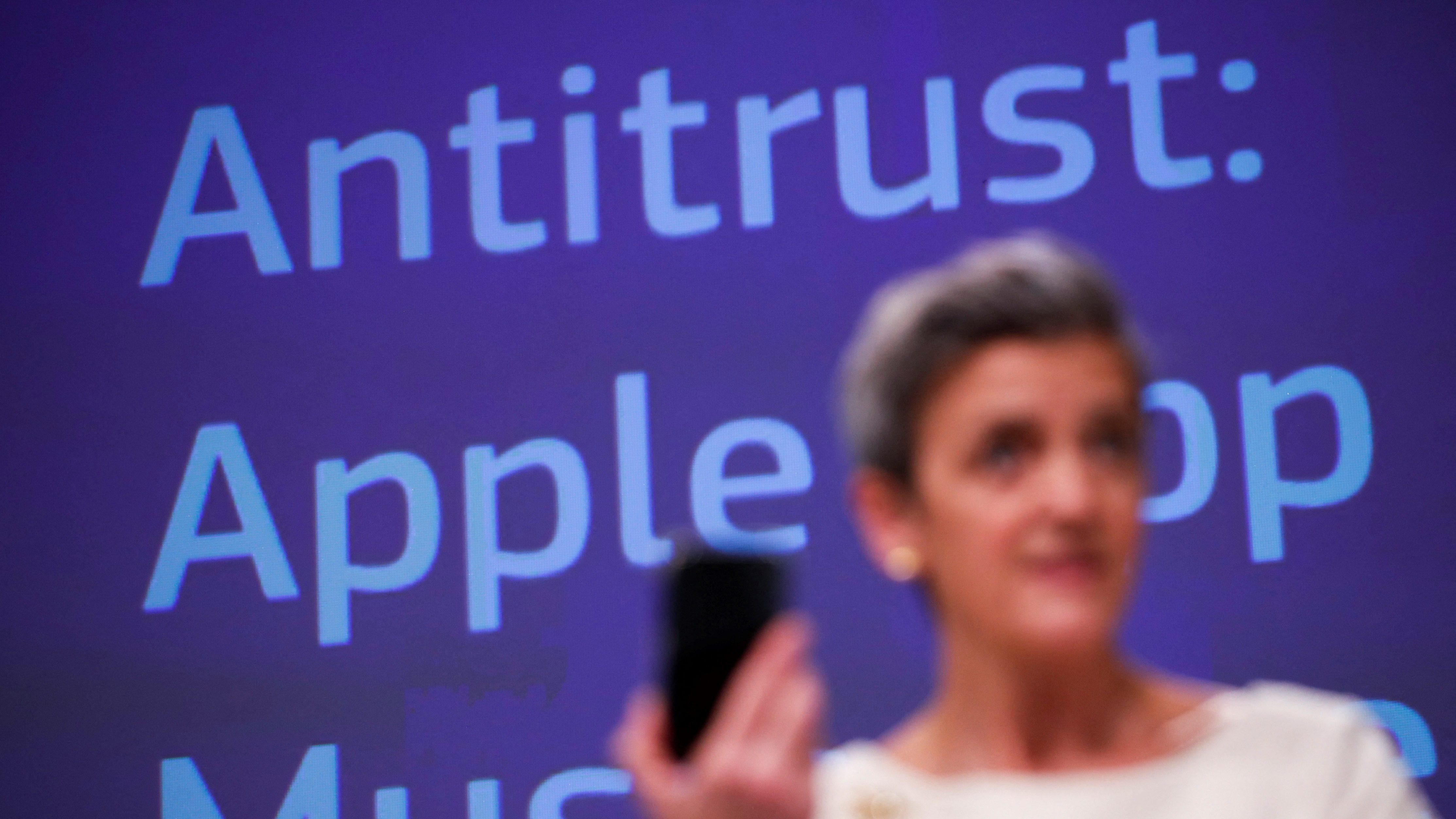 European Commissioner for Europe fit for the Digital Age Margrethe Vestager gestures as she speaks during an online news conference on Apple antitrust case at the EU headquarters in Brussels on April 30 2021
