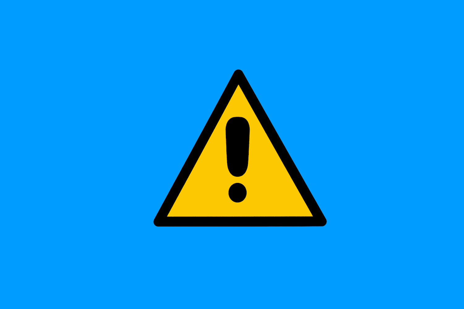 Warning sign with yellow and black triangle with exclamation mark on blue background.  Danger, risk, caution, caution, road sign and maintenance concept.