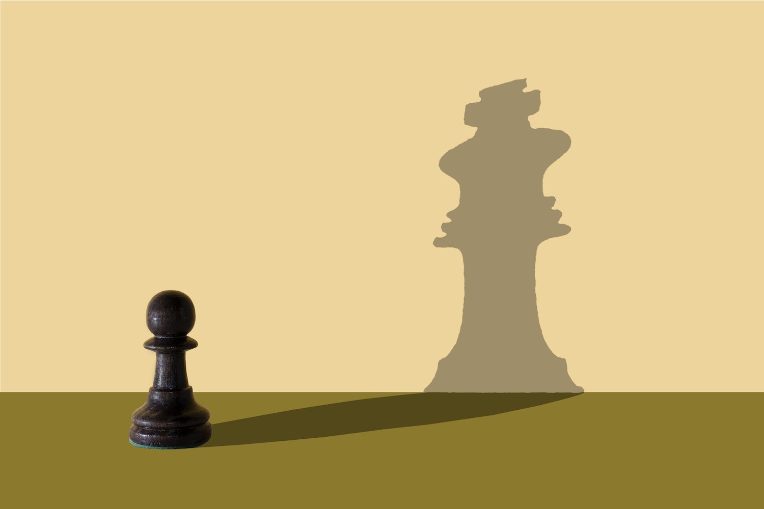 A chess figure casts the shadow of a different figure on an image midway through the photo and the illustration.