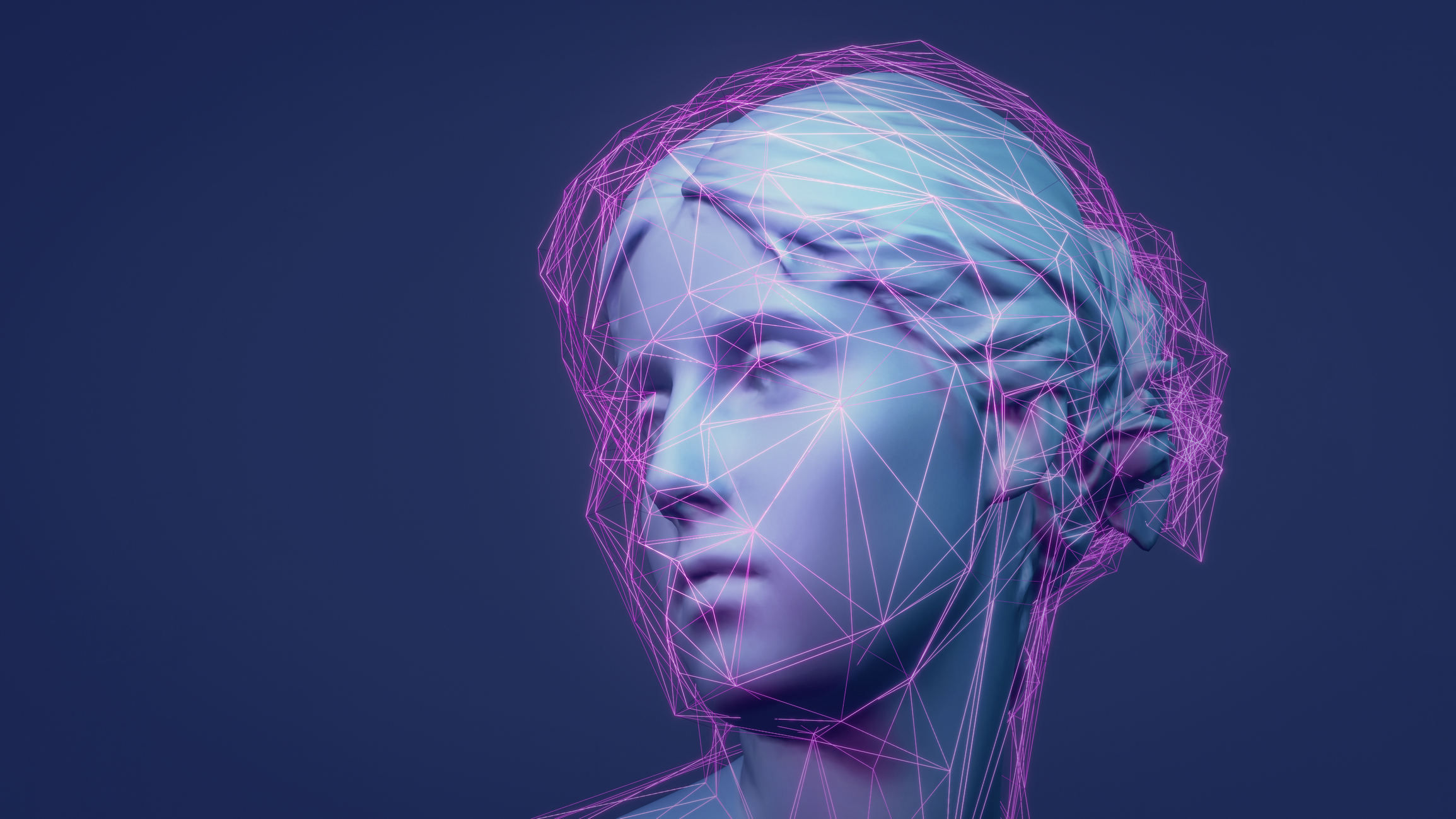A 3D rendered classic sculptural Metaverse avatar with a mesh of glowing purple lines on low polymer.  Machine learning and artificial intelligence concept.  Animated 3D NFT drawing example.  Web 3.0 technology infrastructure.