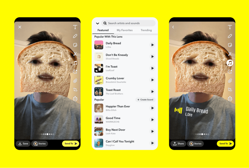 Snapchat Sounds depicted on 3 smartphone screens