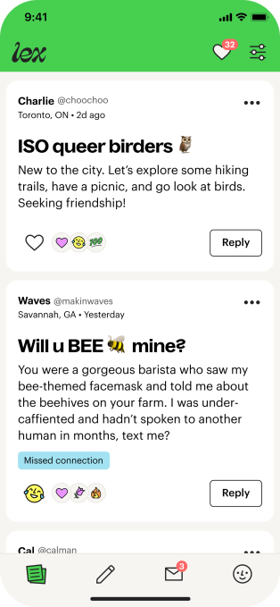 A screenshot of the new Lex design, which features a large green bar two posts. The first is titled, 'ISO queer birders" and the second reads, "Will you BEE mine?"