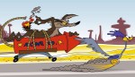 Wile E Coyote inadvertently lights his tail as he mounts a rocket to catch up with the Road Runner.