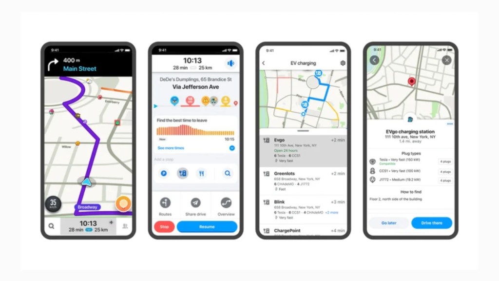 Waze app on 4 smartphone screens