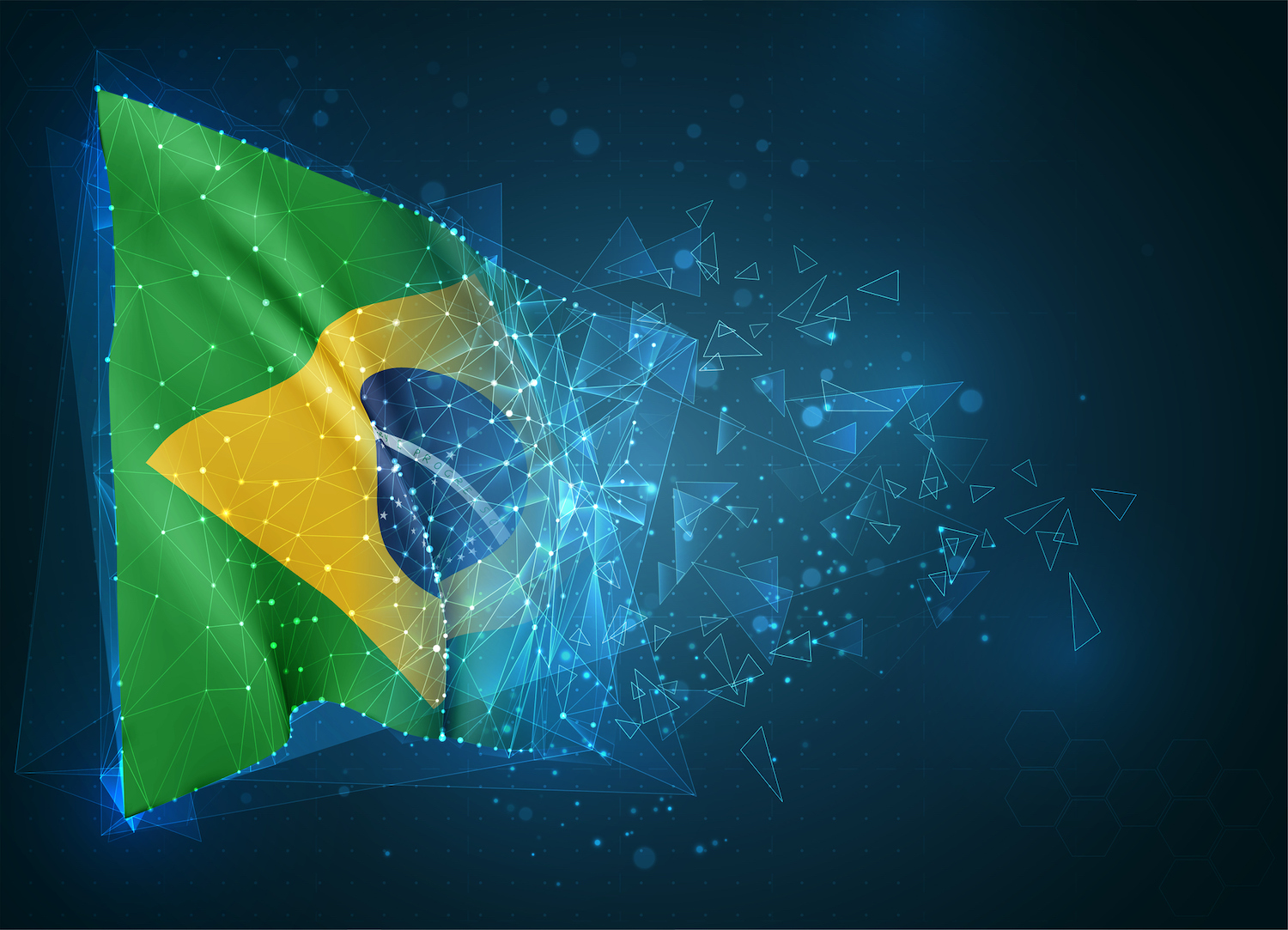Bandeira vetorial do Brasil, objeto abstrato 3D virtual feito de polígonos triangulares sobre fundo azul