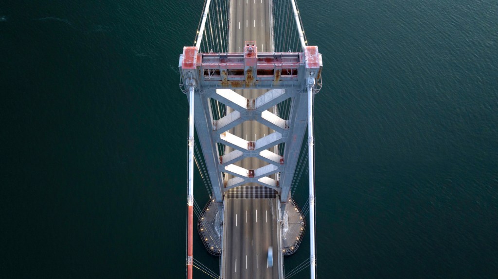 Directly over the San Francisco Bay Bridge