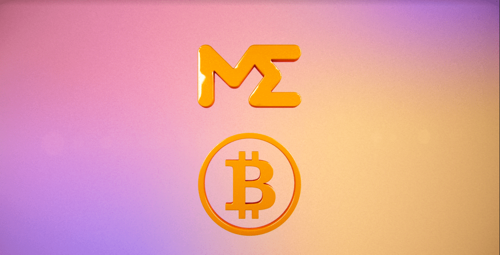 An image of the Magic Eden logo and Bitcoin in front of a pink and orange background