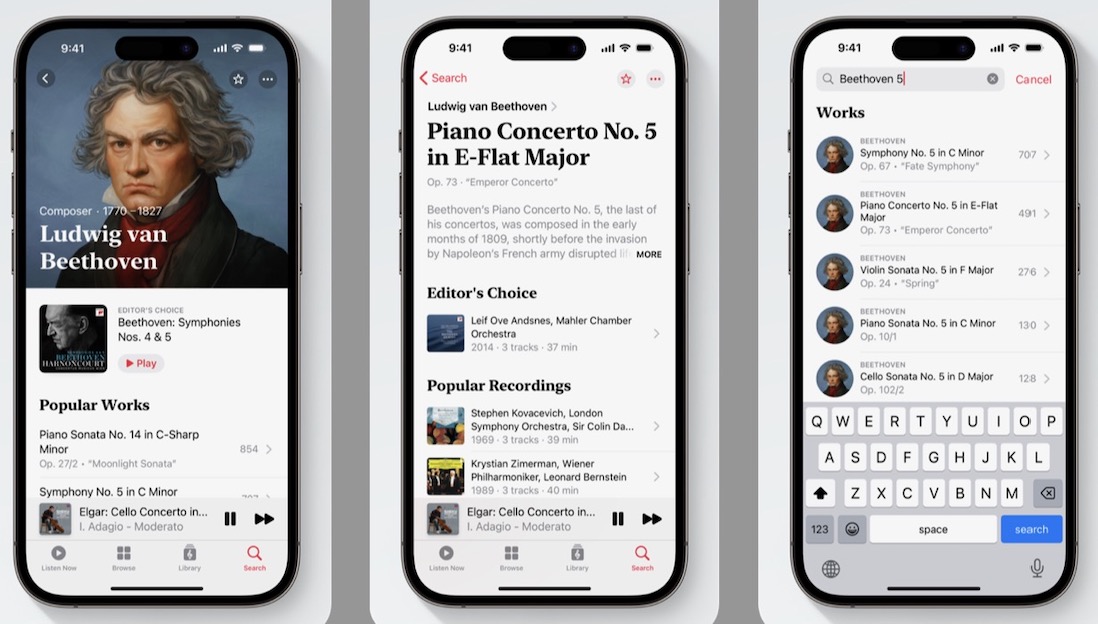The caller   Apple Music Classical app, shown connected  3 smartphone screens, offers Apple Music subscribers entree  to implicit    5 cardinal  classical euphony  tracks.