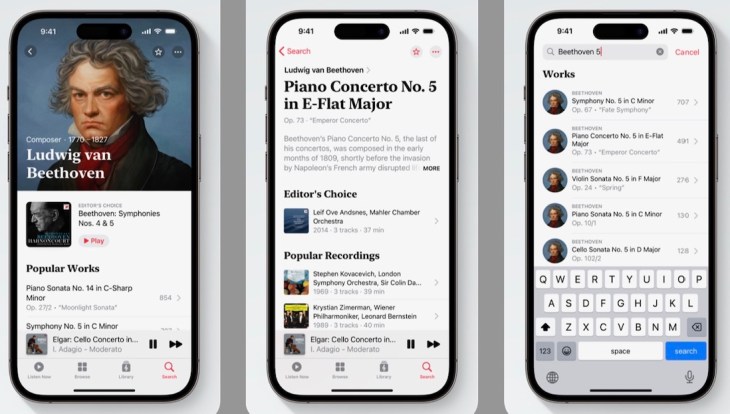 The new Apple Music Classical app, shown on 3 smartphone screens, offers Apple Music subscribers access to over 5 million classical music tracks.