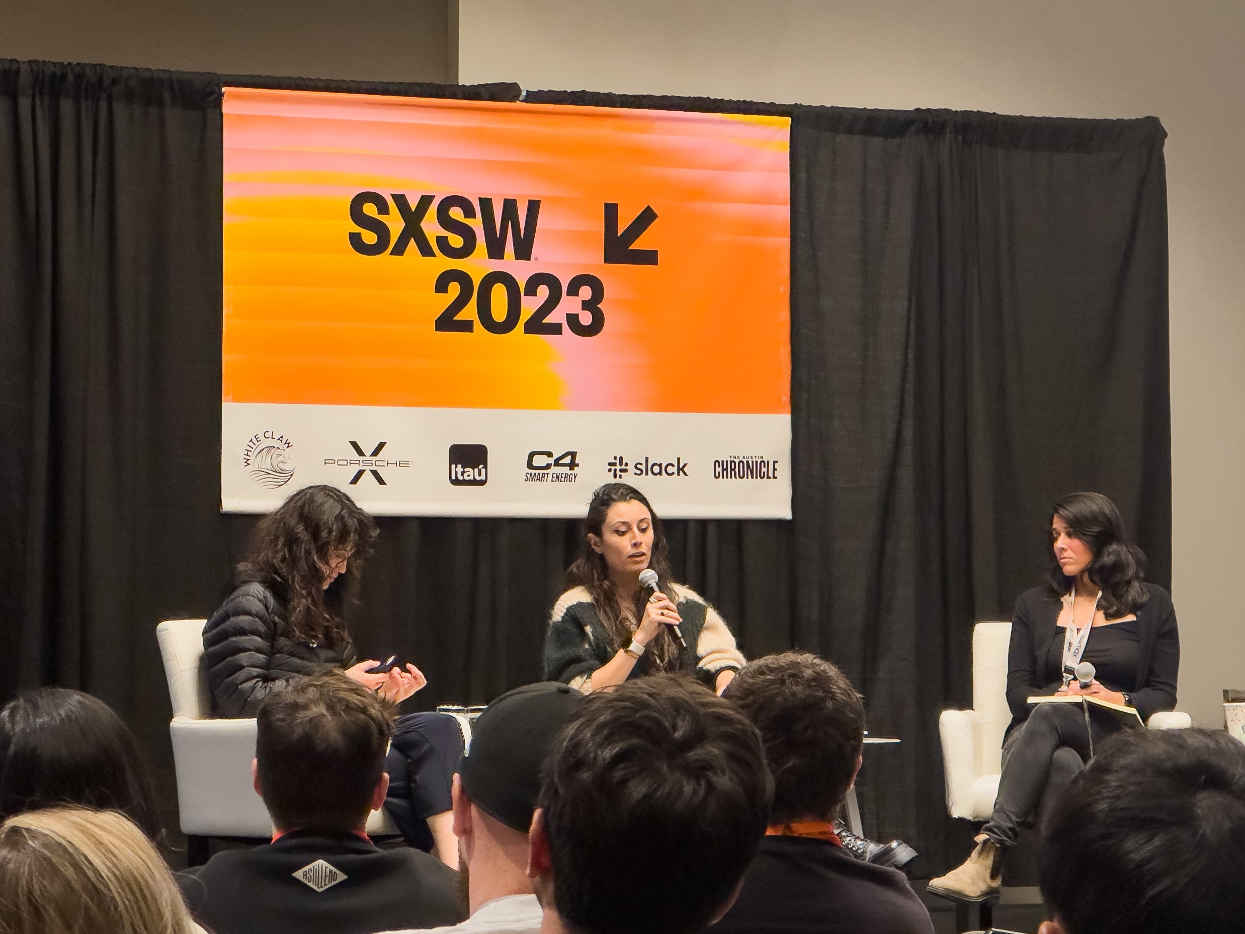 SXSW 2023 Celine Halioua and Laura Deming speaking on a panel