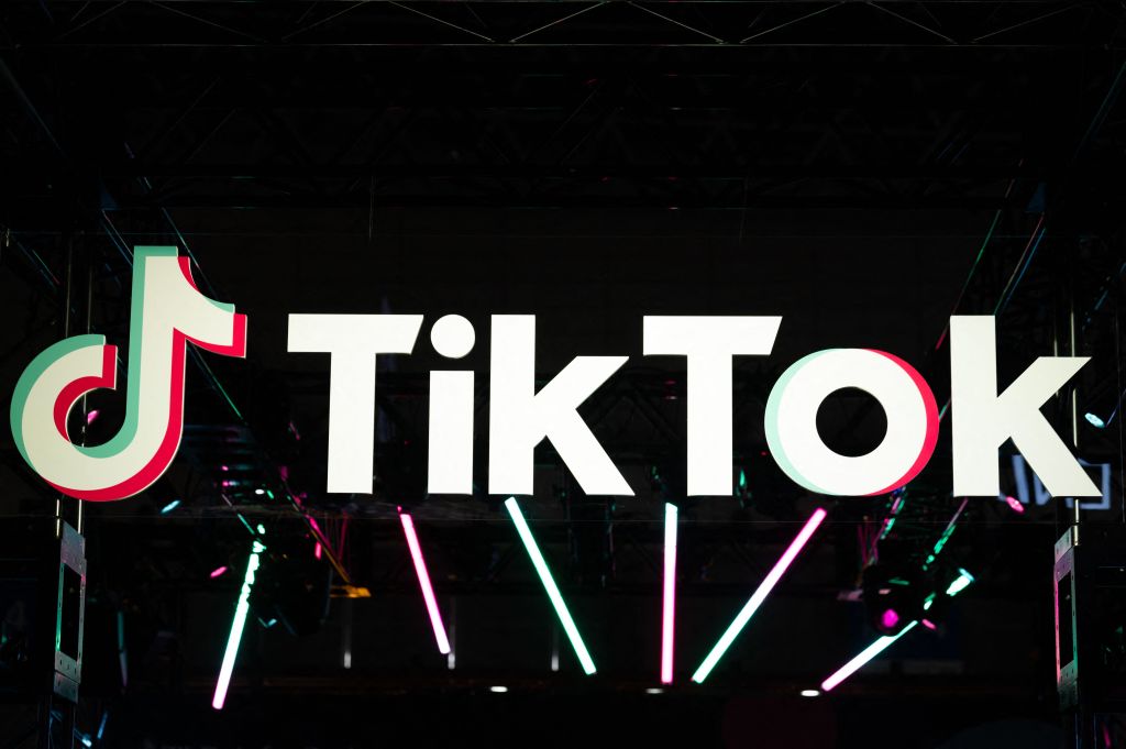 TikTok logo pictured at the company's booth during the Tokyo Game Show in Chiba prefecture on September 15