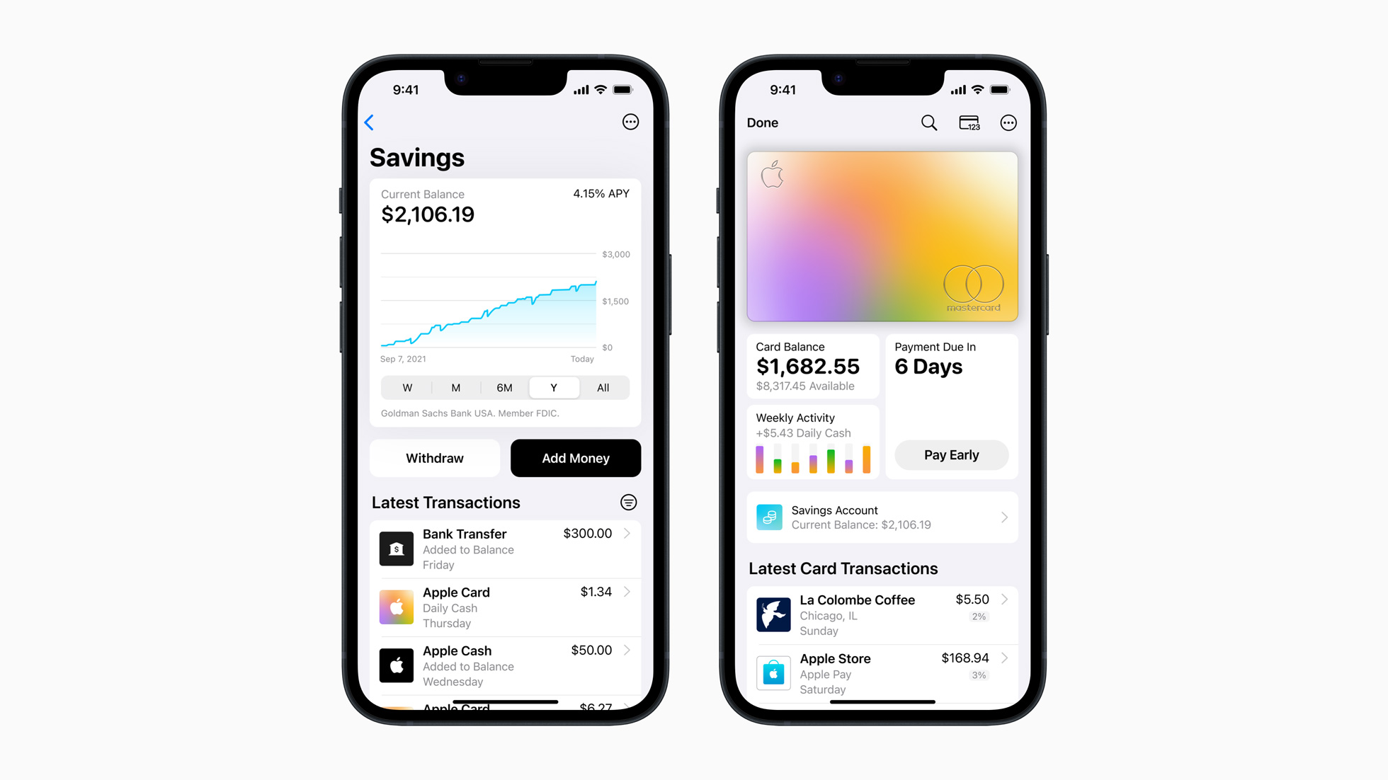 Dos capturas de pantalla de la aplicación Wallet de Apple ejecutándose en un iPhone y mostrando la cuenta de ahorros y cómo accede a ella desde la pantalla de la Apple Card